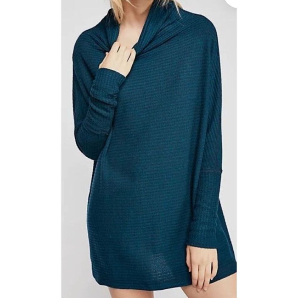 We The Free People Kitty Waffle Knit Thermal teal BOHO Sweater sz S